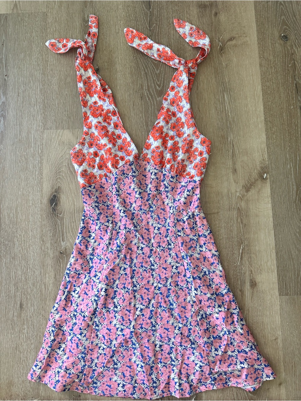 Floral Tie-Shoulder Mini Dress in Pink and Orange